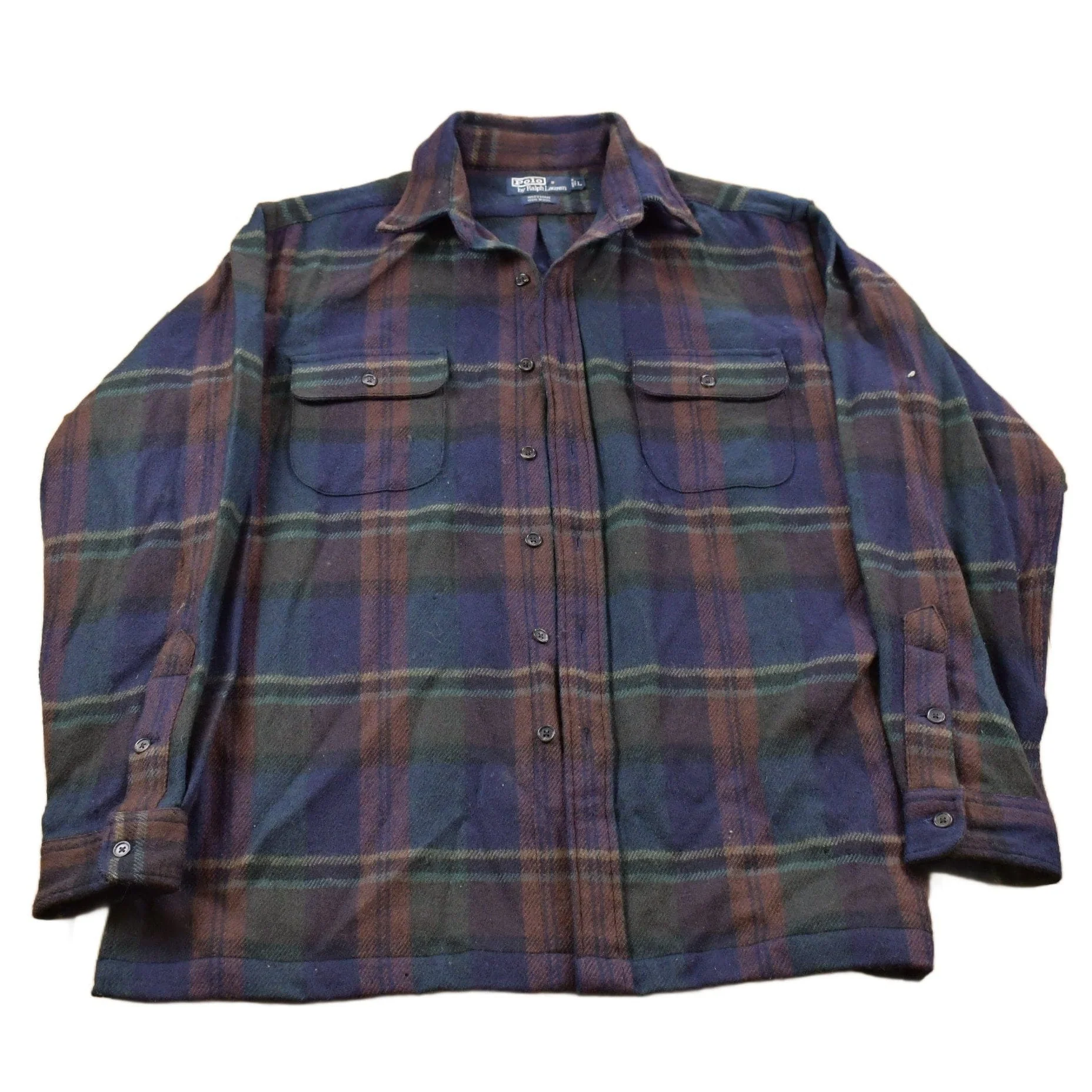 Vintage 1990s 100% Wool Polo Ralph Lauren Plaid Button Up Shirt Men's Large