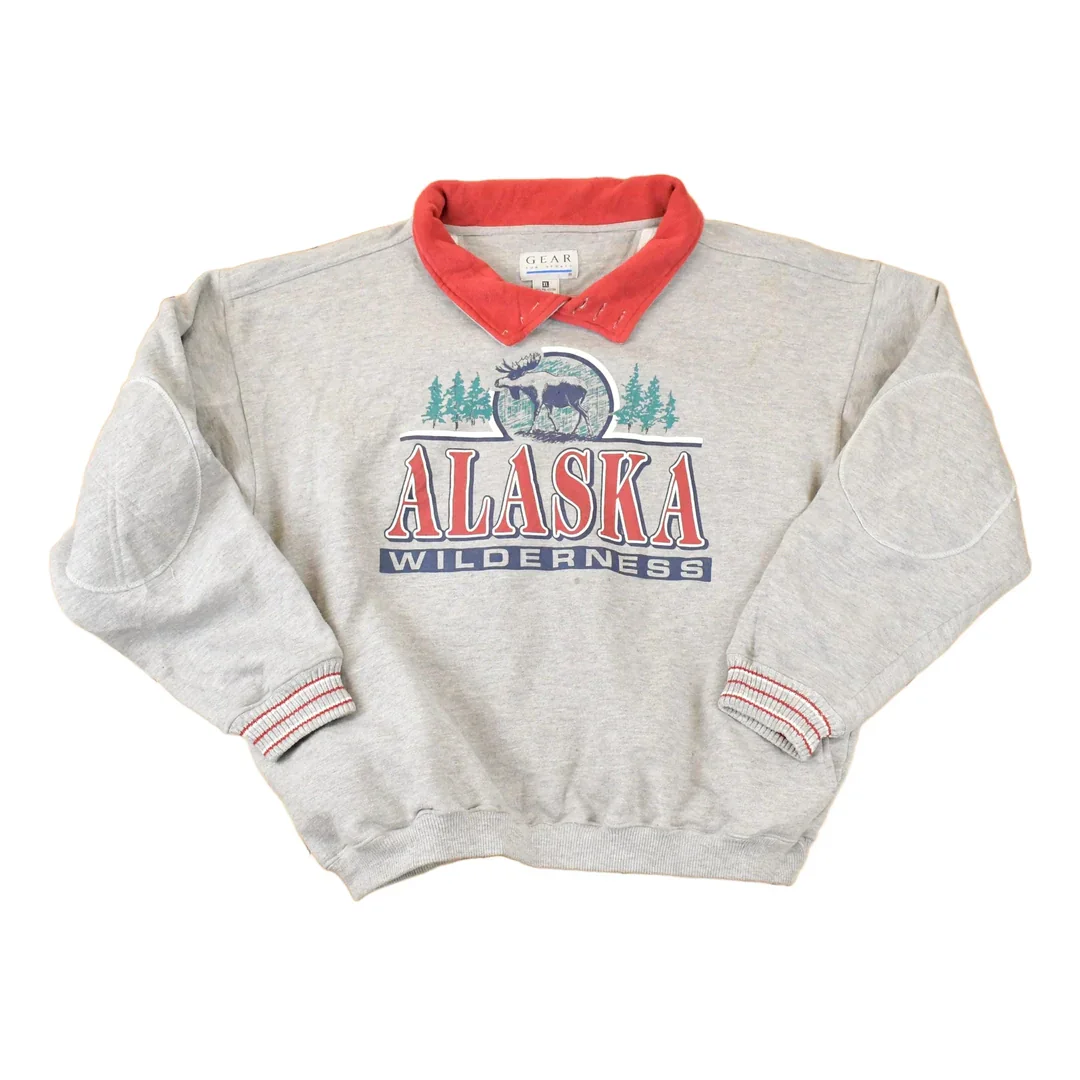 Vintage 1990s Alaska Wilderness Graphic Print Collared Heavyweight Sweatshirt Men's L