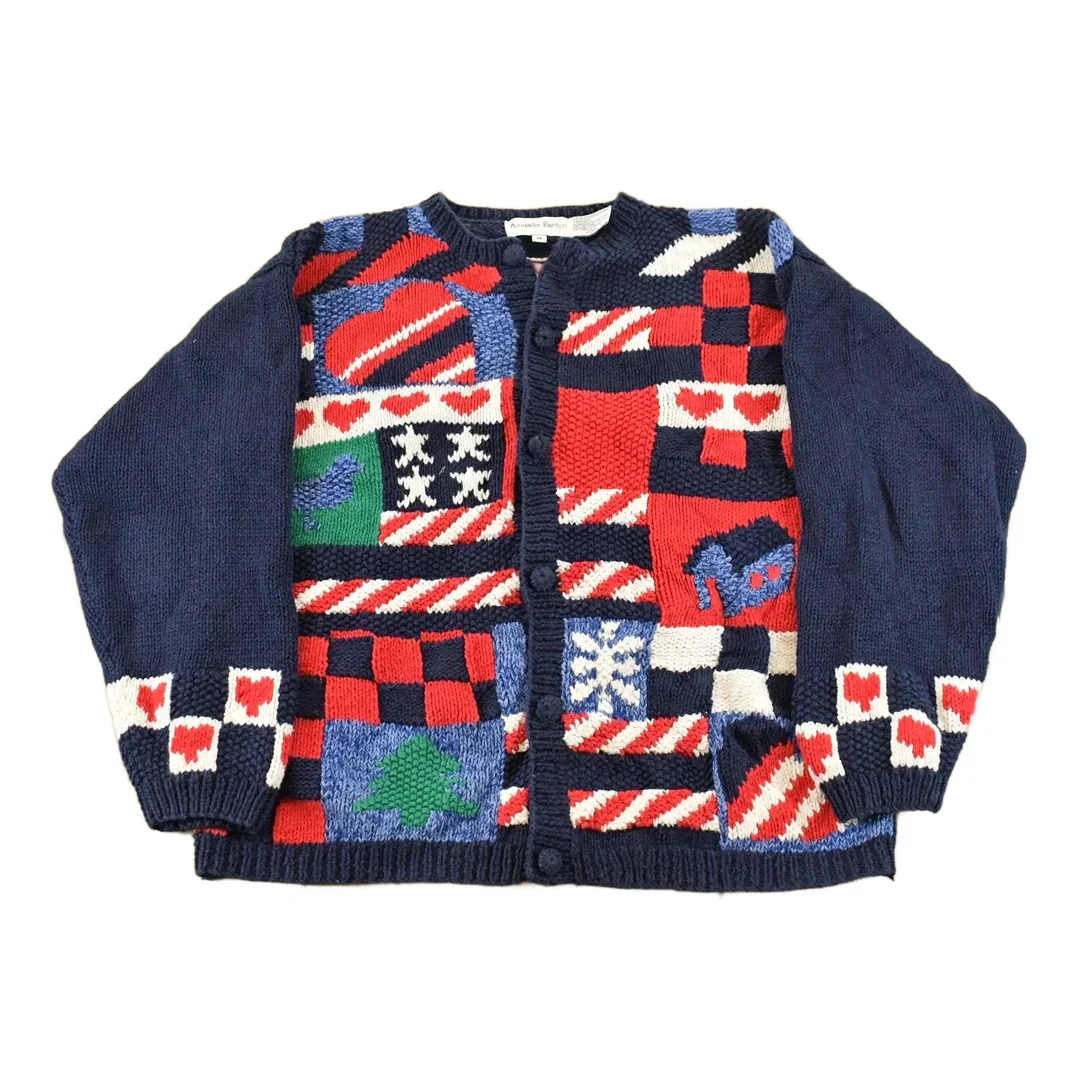 Vintage 1990s Alexandra Bartlett Grandma All Over Print Knit Cardigan Sweater Women's M
