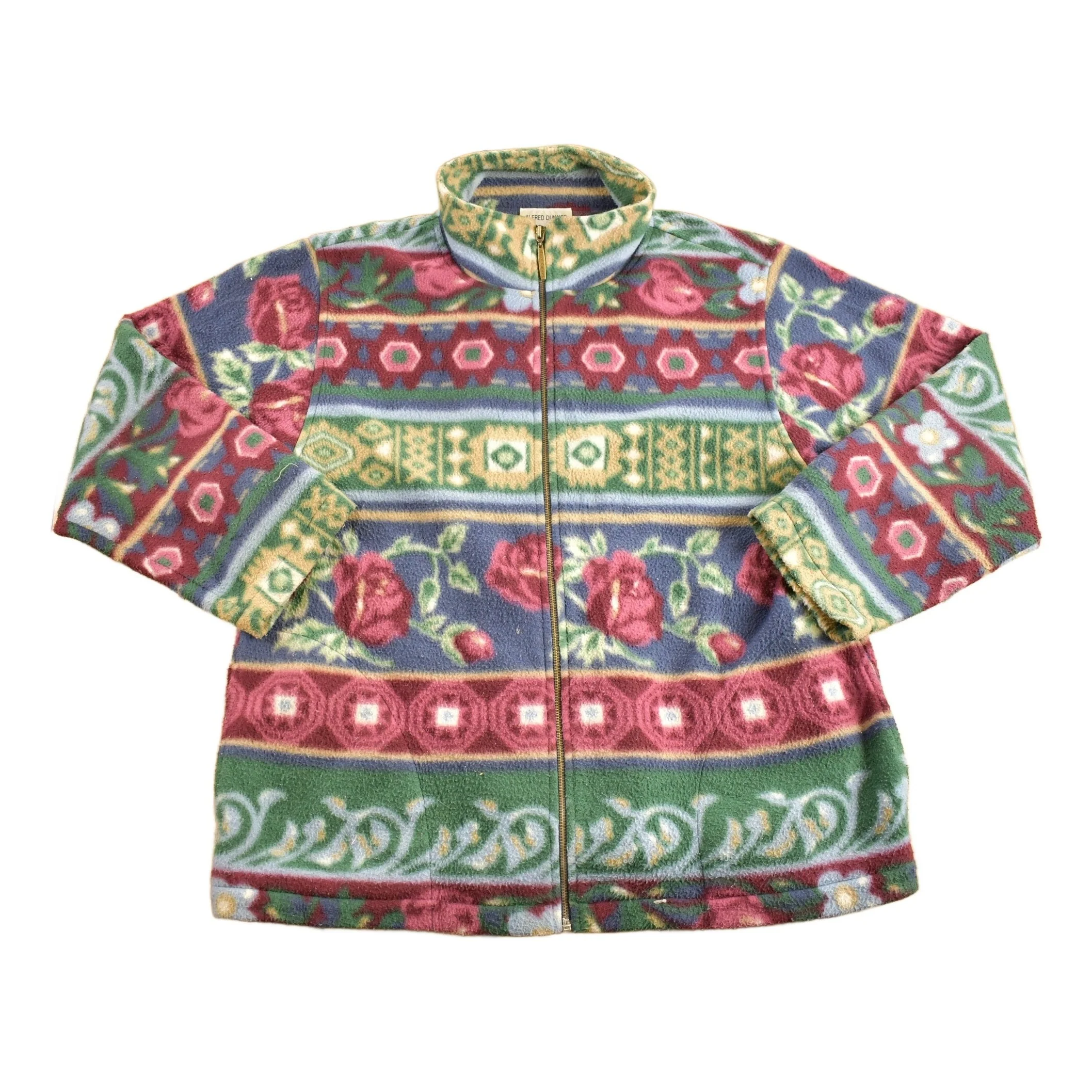 Vintage 1990s Alfred Dunner Abstract Floral Pattern Graphic Fleece Zip Up Sweater Men's Medium