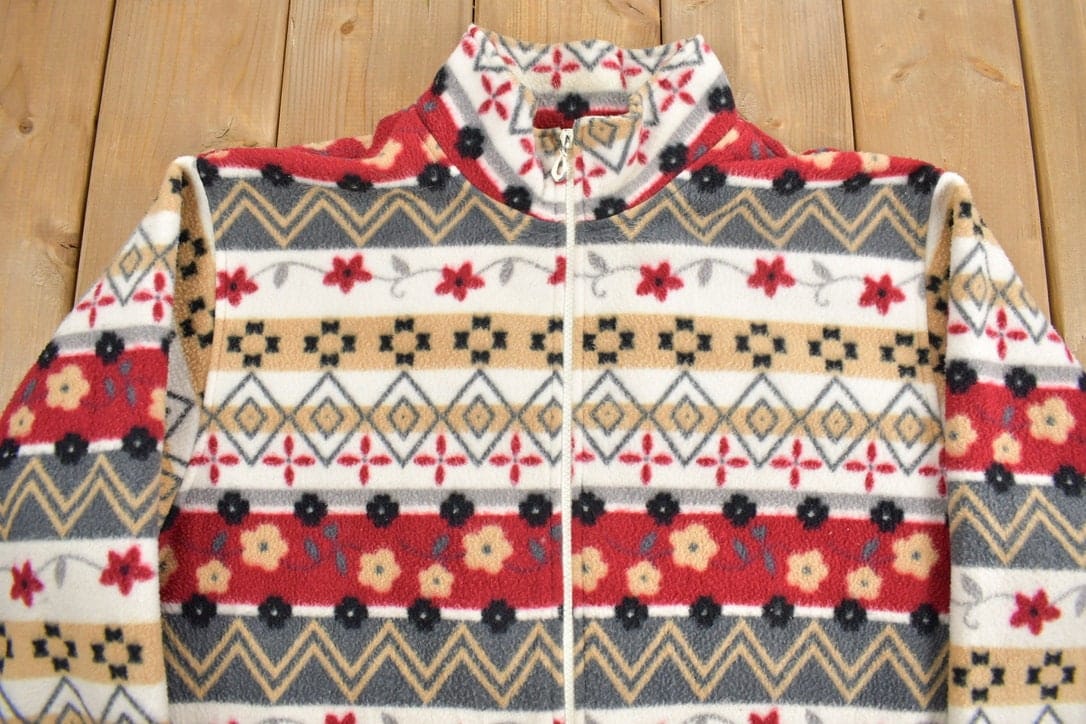 Vintage 1990s Alfred Dunner Abstract Pattern Graphic Fleece Zip Up Sweater Men's XL - Image 3