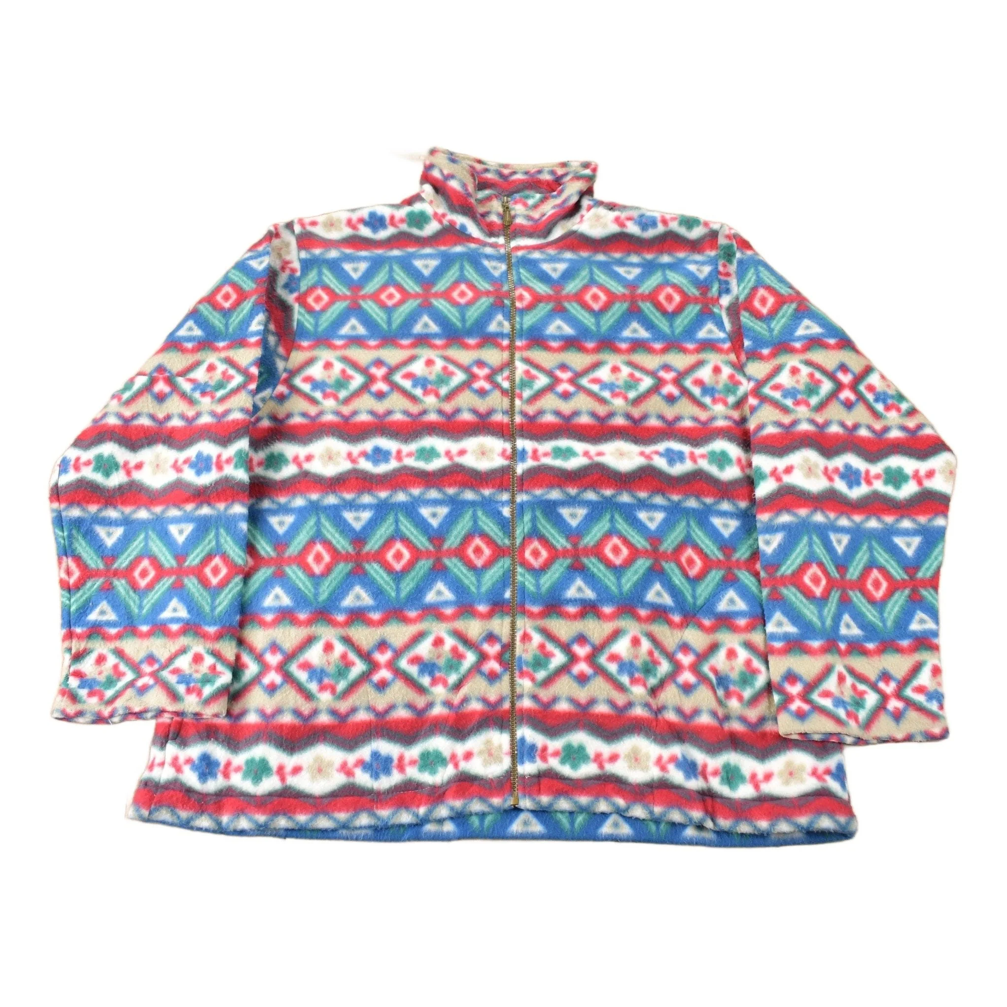 Vintage 1990s Alfred Dunner All Over Print Zip Up Fleece Sweater Size Woman's Medium