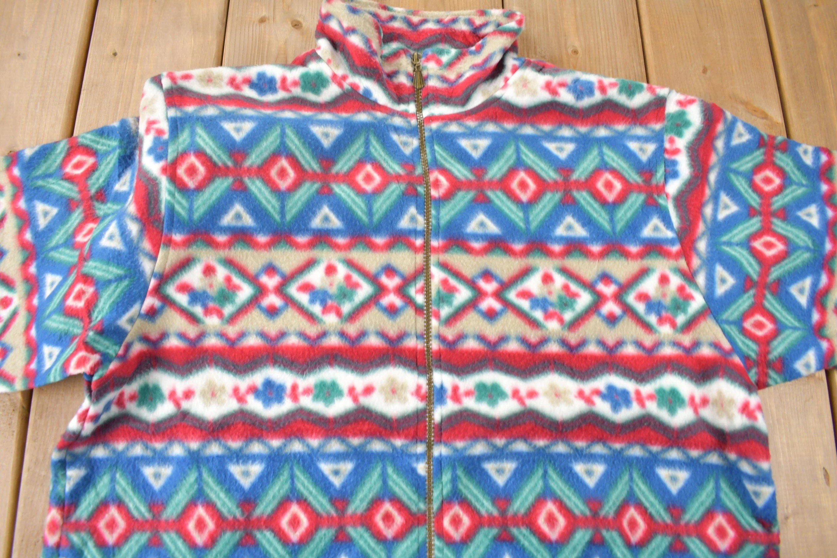 Vintage 1990s Alfred Dunner All Over Print Zip Up Fleece Sweater Size Woman's Medium - Image 3