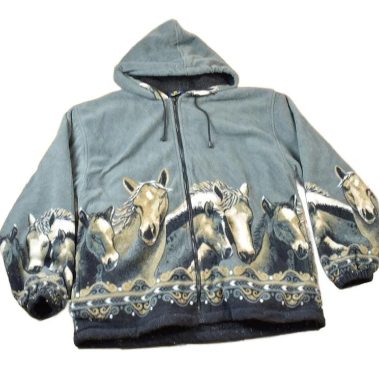 Vintage 1990s All Over Print Horses Medium Weight Fleece Hooded Zip Up Jacket Men's XL