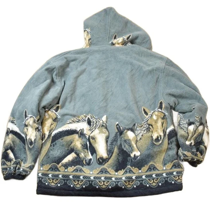 Vintage 1990s All Over Print Horses Medium Weight Fleece Hooded Zip Up Jacket Men's XL - Image 2