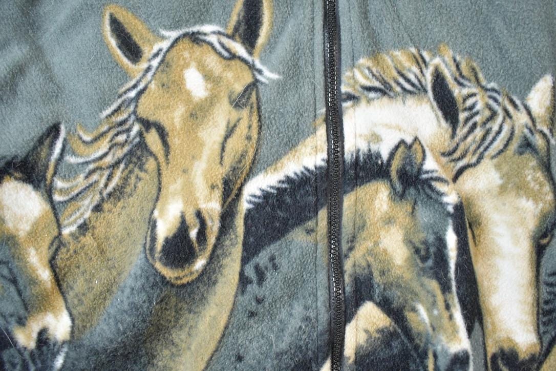 Vintage 1990s All Over Print Horses Medium Weight Fleece Hooded Zip Up Jacket Men's XL - Image 4
