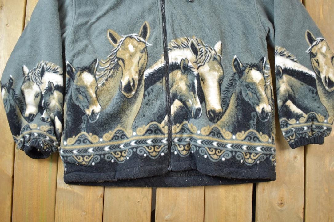 Vintage 1990s All Over Print Horses Medium Weight Fleece Hooded Zip Up Jacket Men's XL - Image 5