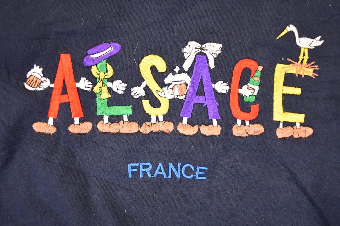 Vintage 1990s Alsace France Embroidered Cartoon Crewneck Sweatshirt Mens XL - Image 3