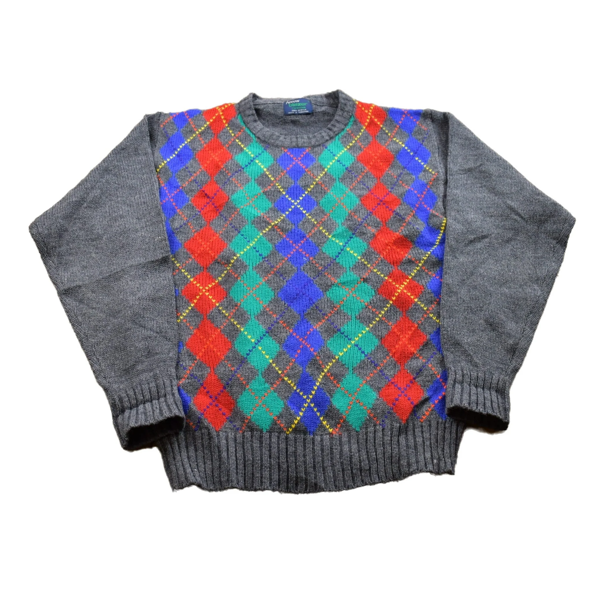 Vintage 1990s Arrow Knitted Argyle Crewneck Sweater Men's Large