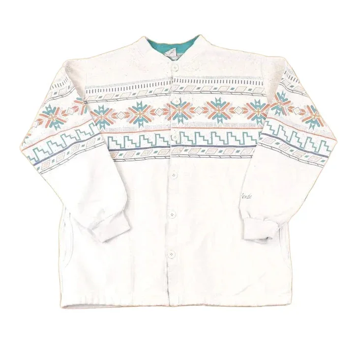 Vintage 1990s Art Unlimited Abstract AOP Graphic Print Button Up Crewneck Sweatshirt Men's L