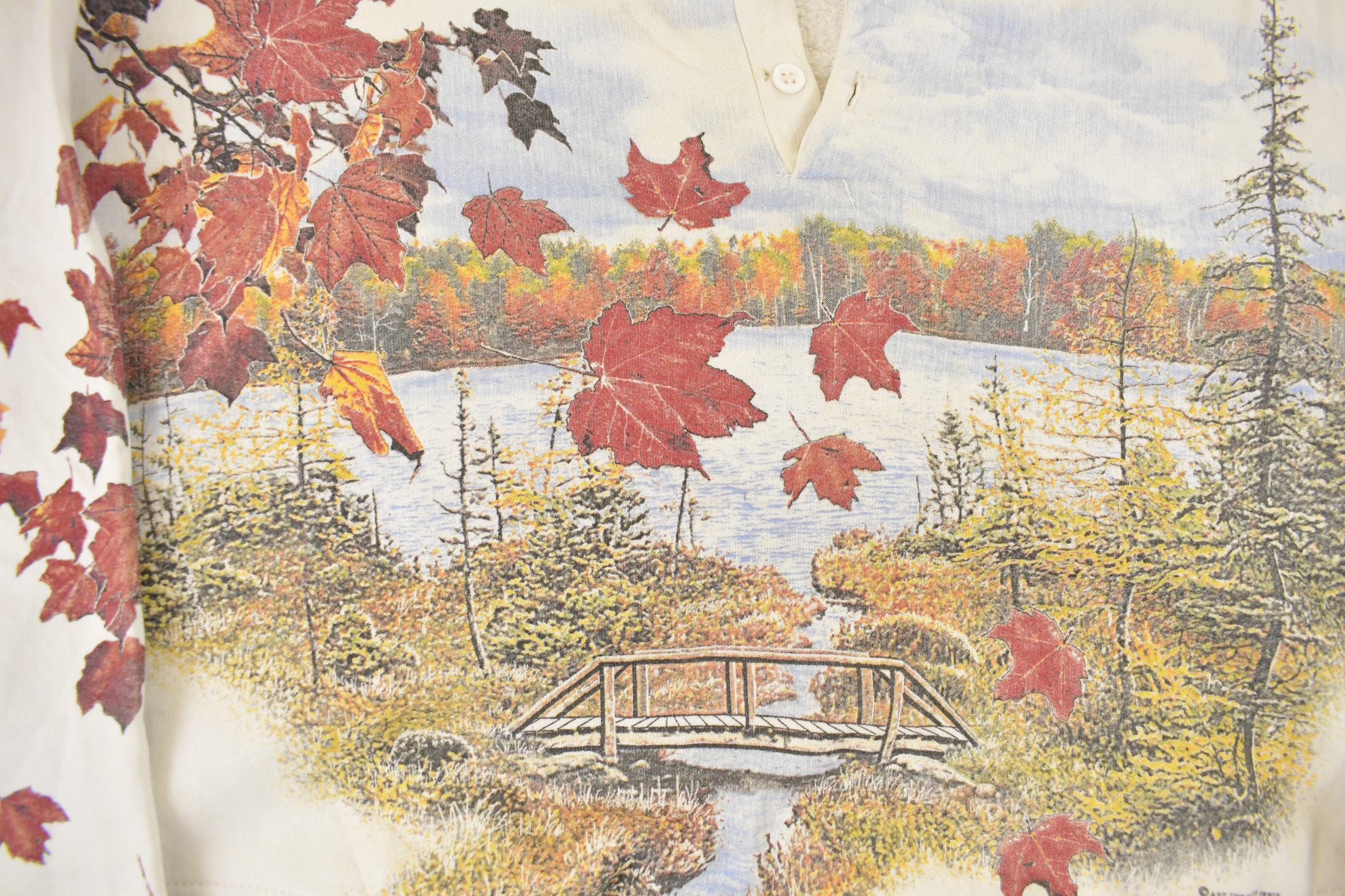 Vintage 1990s Art Unlimited Autumn Leaves All Over Print Landscape Henley Sweatshirt Men's XL - Image 3