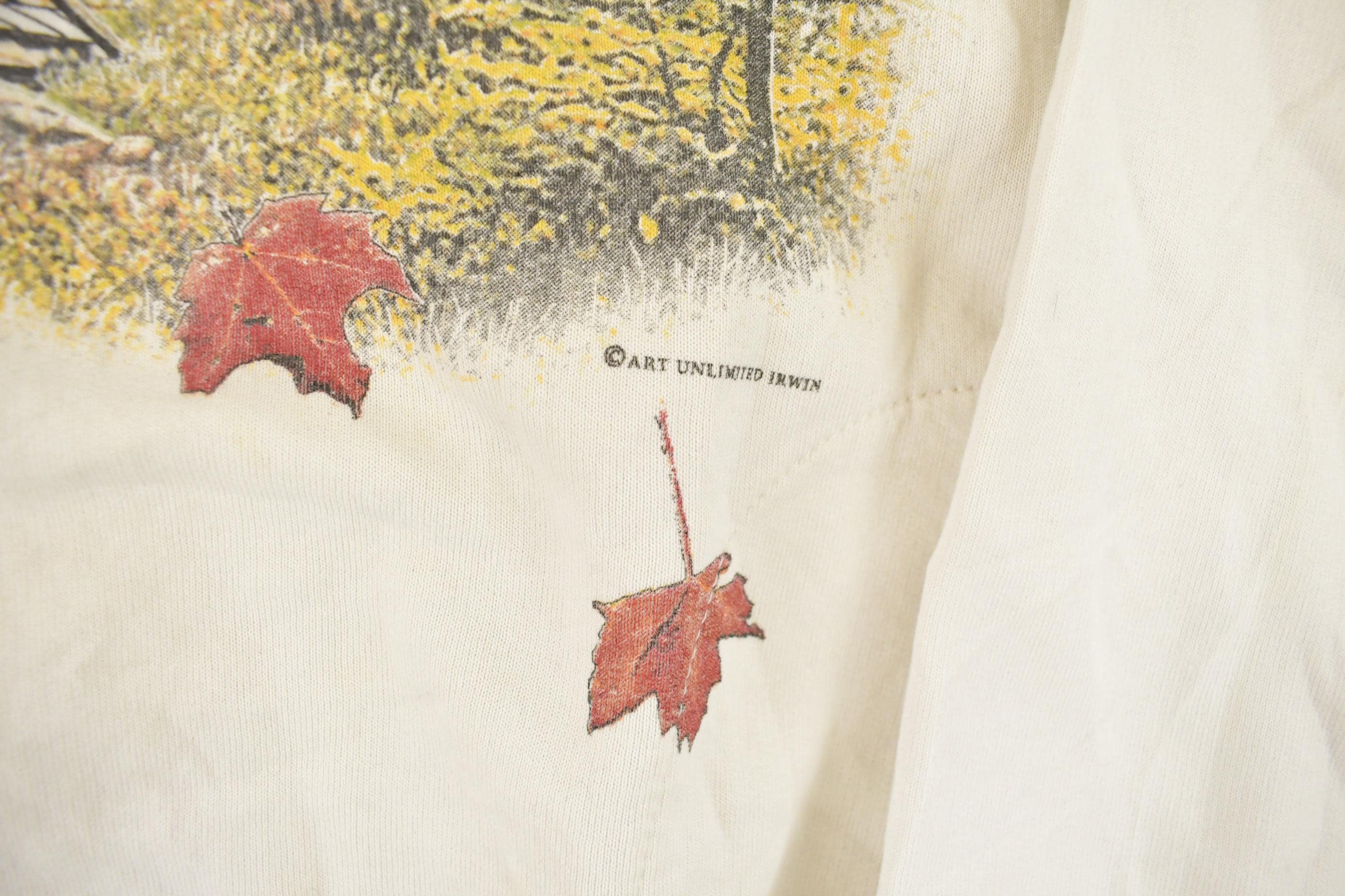 Vintage 1990s Art Unlimited Autumn Leaves All Over Print Landscape Henley Sweatshirt Men's XL - Image 6