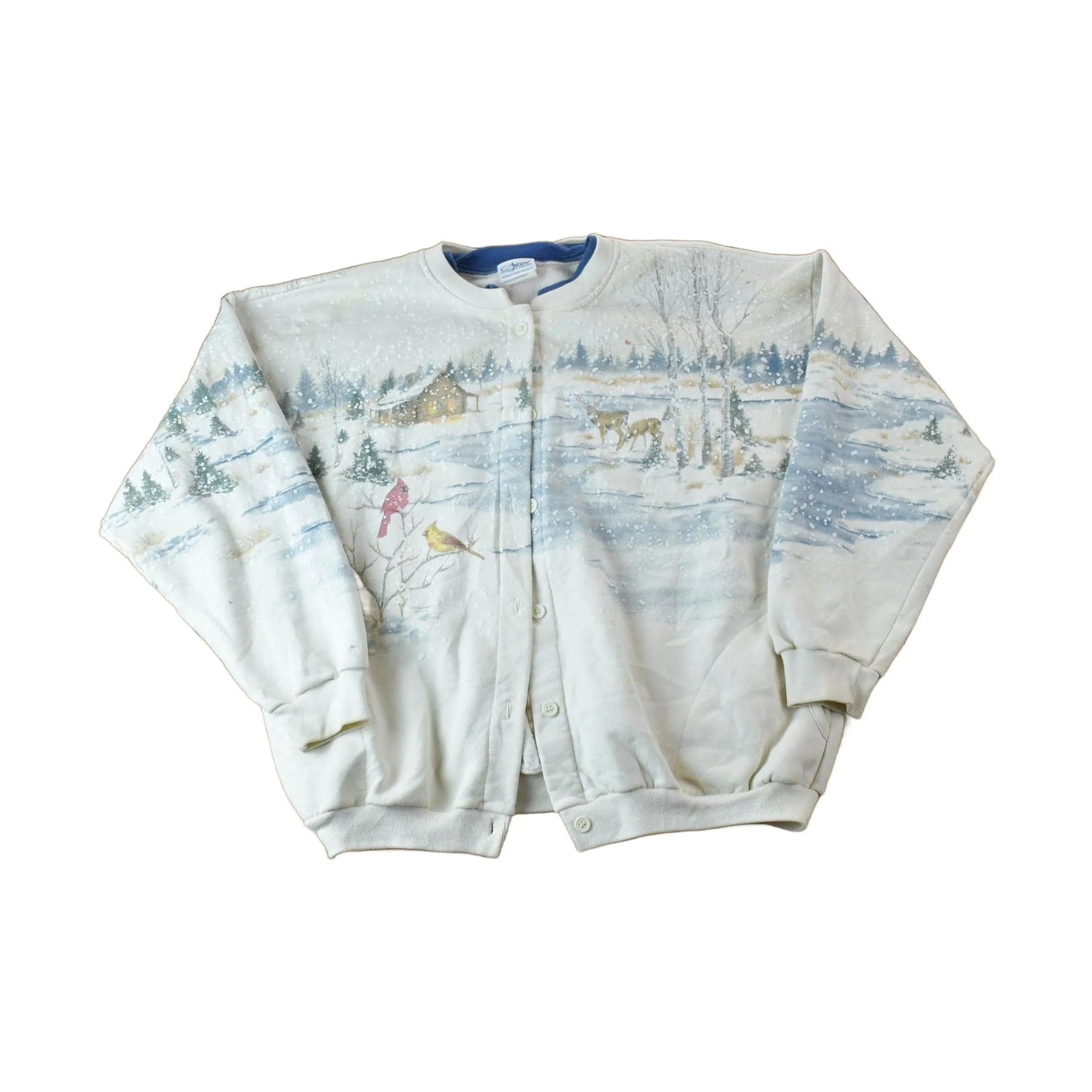 Vintage 1990s Artisans All Over Print Winter Theme Button Up Crewneck Men's XL