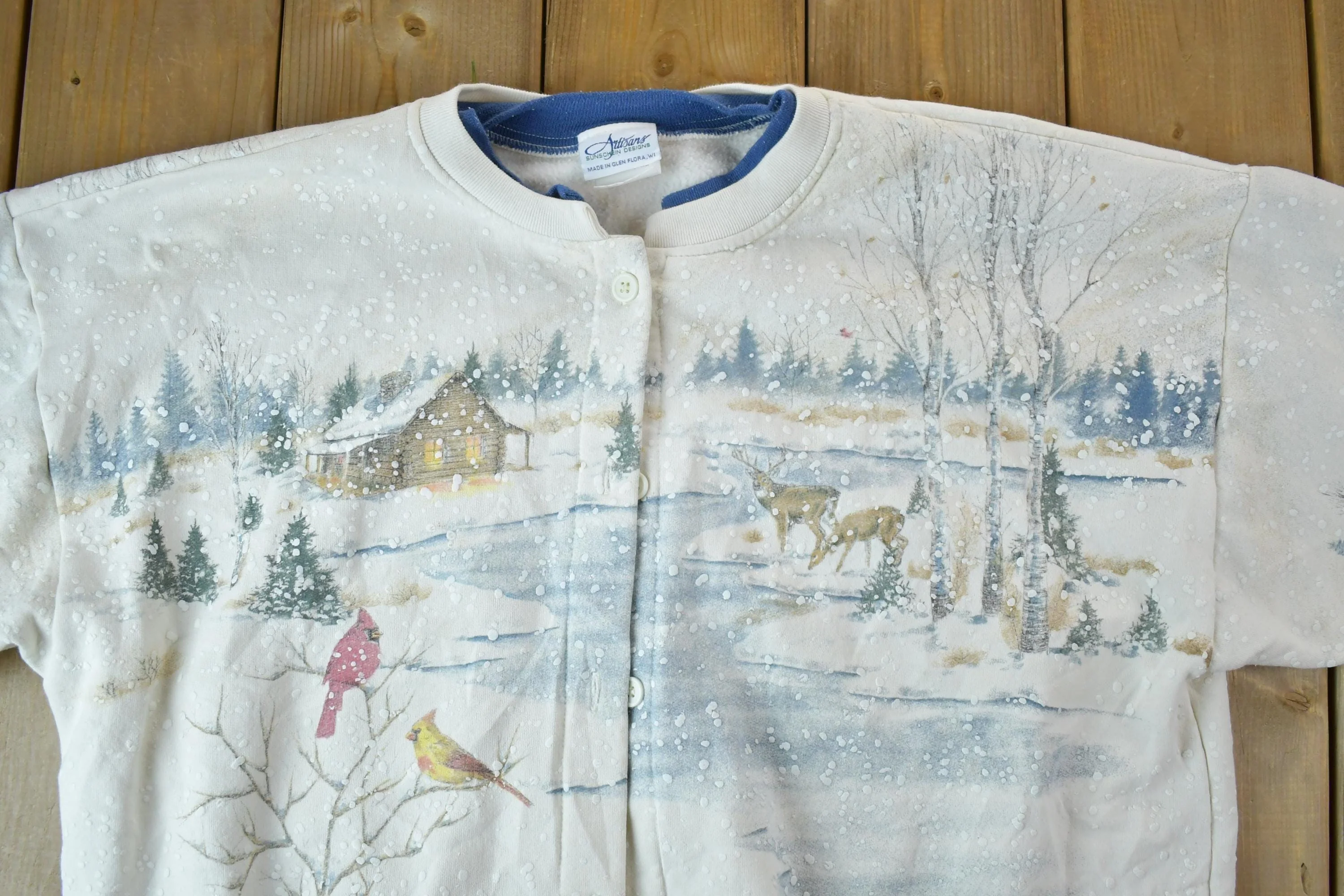 Vintage 1990s Artisans All Over Print Winter Theme Button Up Crewneck Men's XL - Image 4