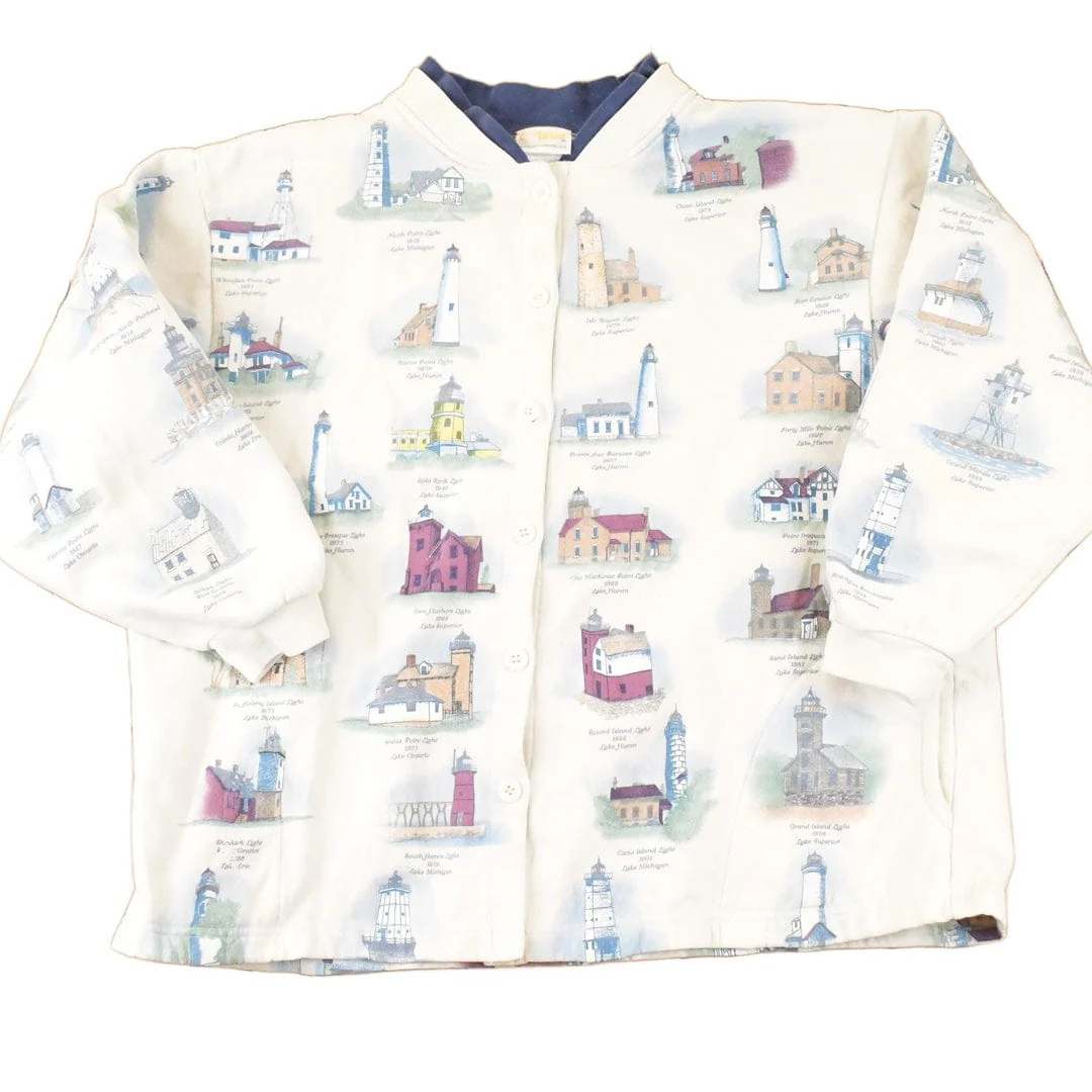 Vintage 1990s Artisans AOP Lighthouse Double Collar Button Up Graphic Print Crewneck Sweatshirt Women's L