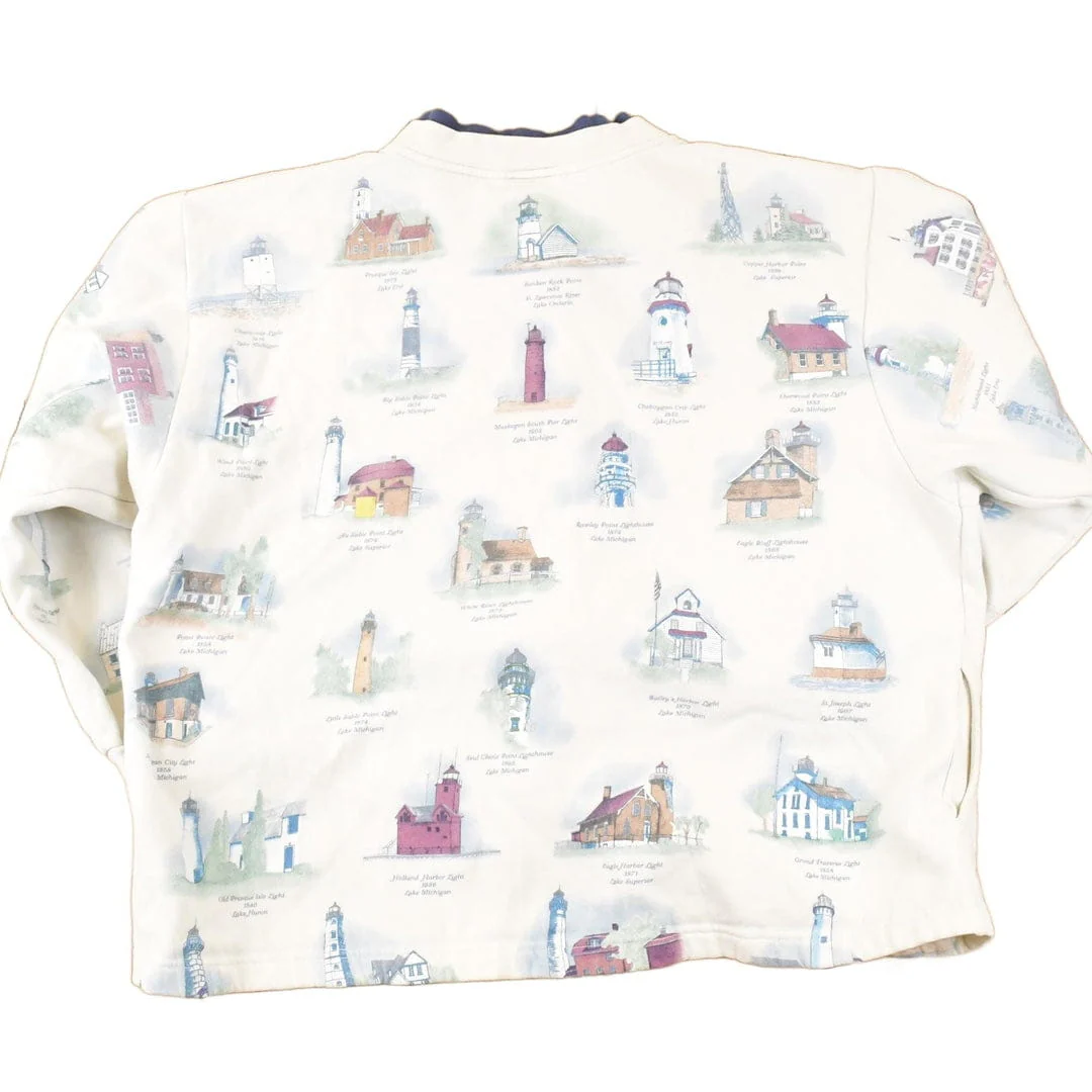 Vintage 1990s Artisans AOP Lighthouse Double Collar Button Up Graphic Print Crewneck Sweatshirt Women's L - Image 2