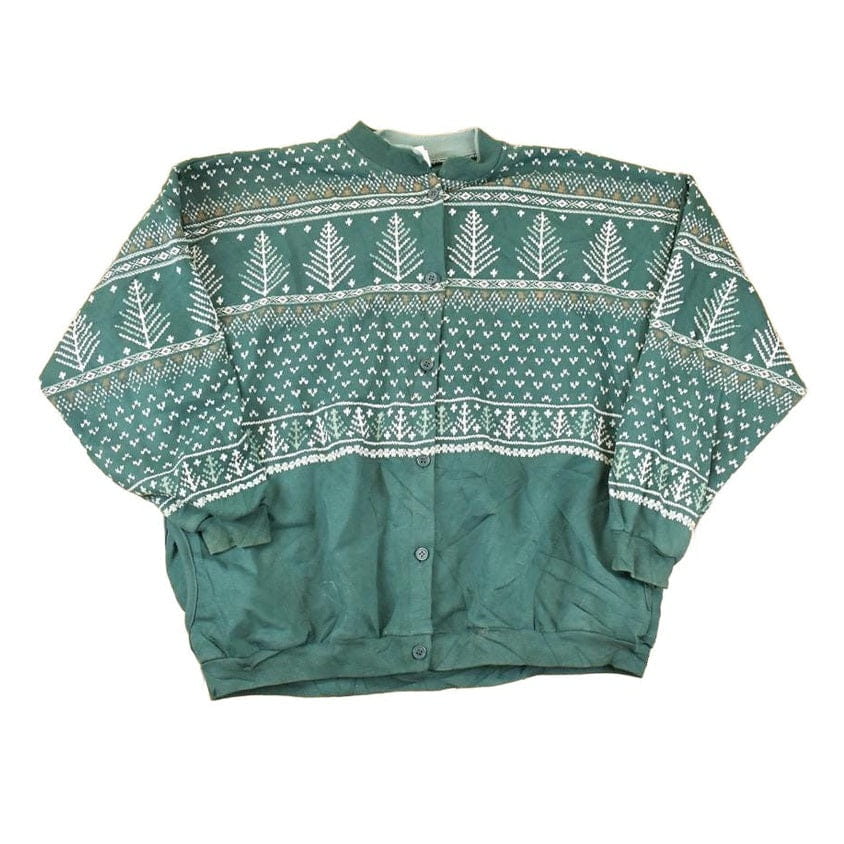 Vintage 1990s Artisans Double Collar Christmas Tree Button Up Graphic Print Crewneck Sweatshirt Women's L