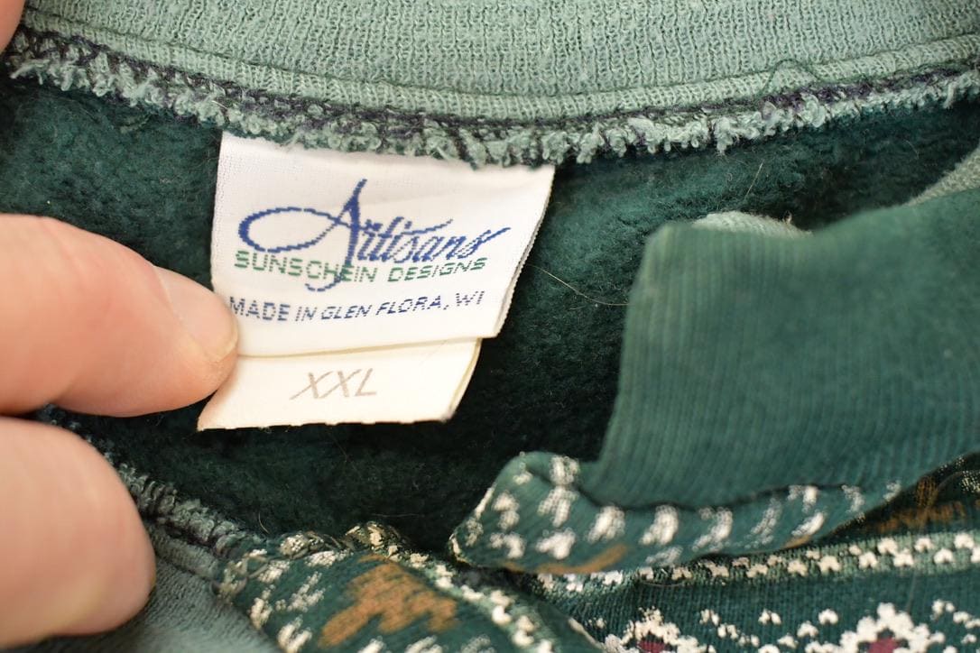 Vintage 1990s Artisans Double Collar Christmas Tree Button Up Graphic Print Crewneck Sweatshirt Women's L - Image 4