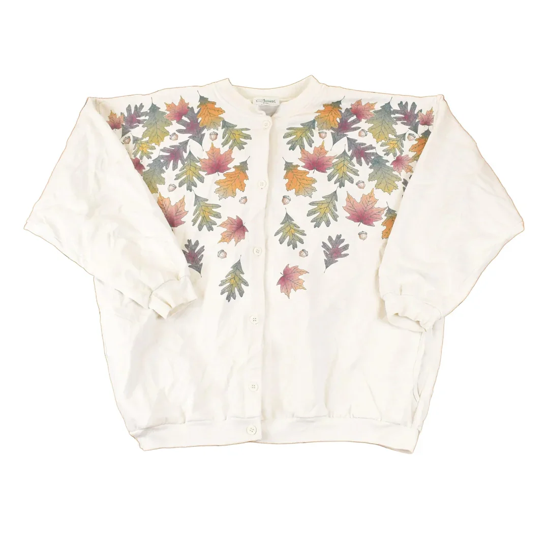 Vintage 1990s Artisans Fall AOP Graphic Print Button Up Crewneck Sweatshirt Women's XL