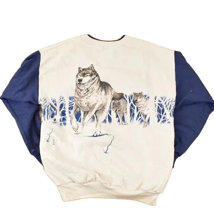 Vintage 1990s Artisans Large Wolf Graphic Print Button Up AOP Crewneck Sweatshirt Mens L - Image 2