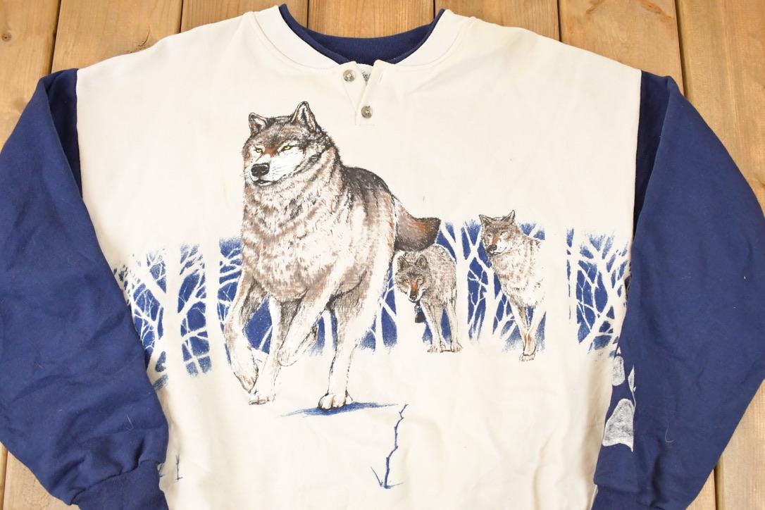 Vintage 1990s Artisans Large Wolf Graphic Print Button Up AOP Crewneck Sweatshirt Mens L - Image 3