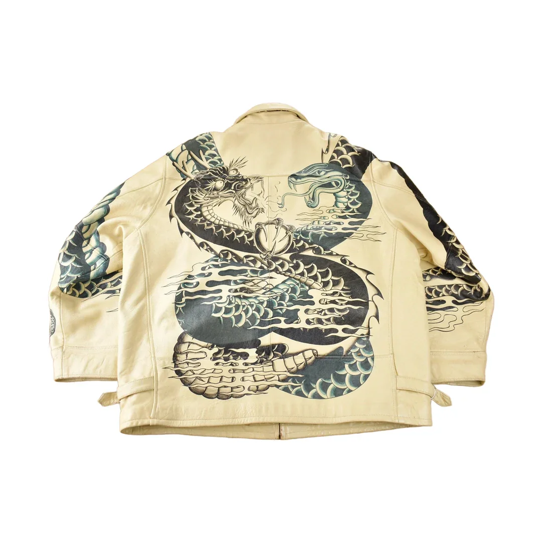 Vintage 1990s Avirex USA Japanese Dragons Graphic Leather Jacket Size 3XL