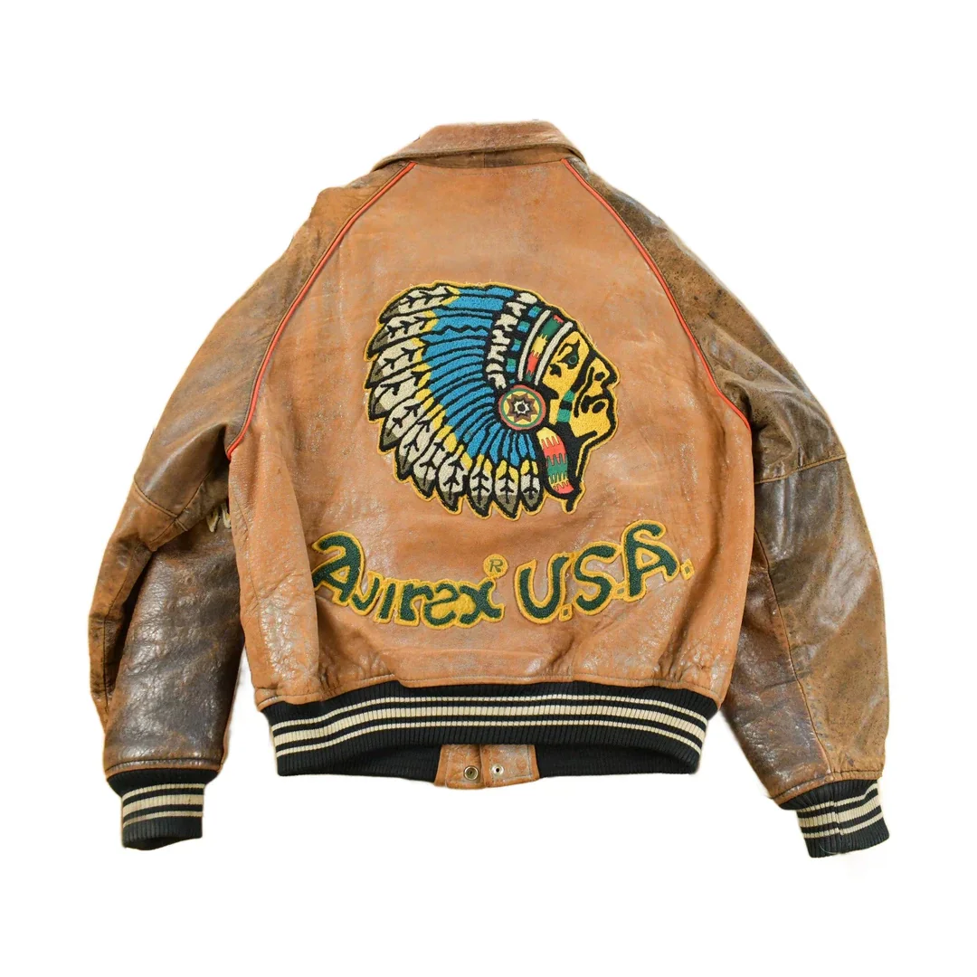 Vintage 1990s Avirex USA Native Tribal Leather Varsity Jacket Men's Medium