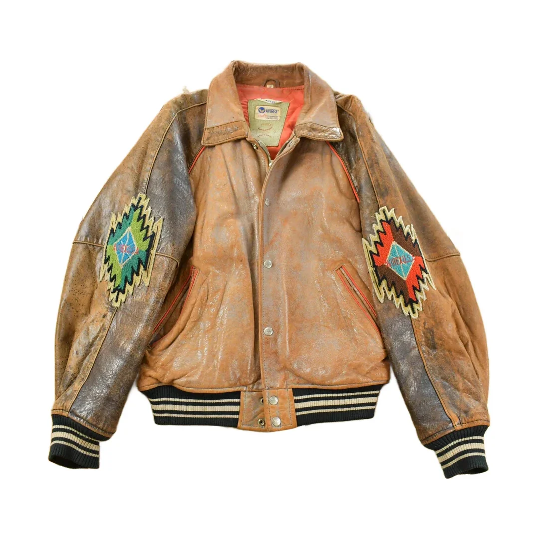 Vintage 1990s Avirex USA Native Tribal Leather Varsity Jacket Men's Medium - Image 2