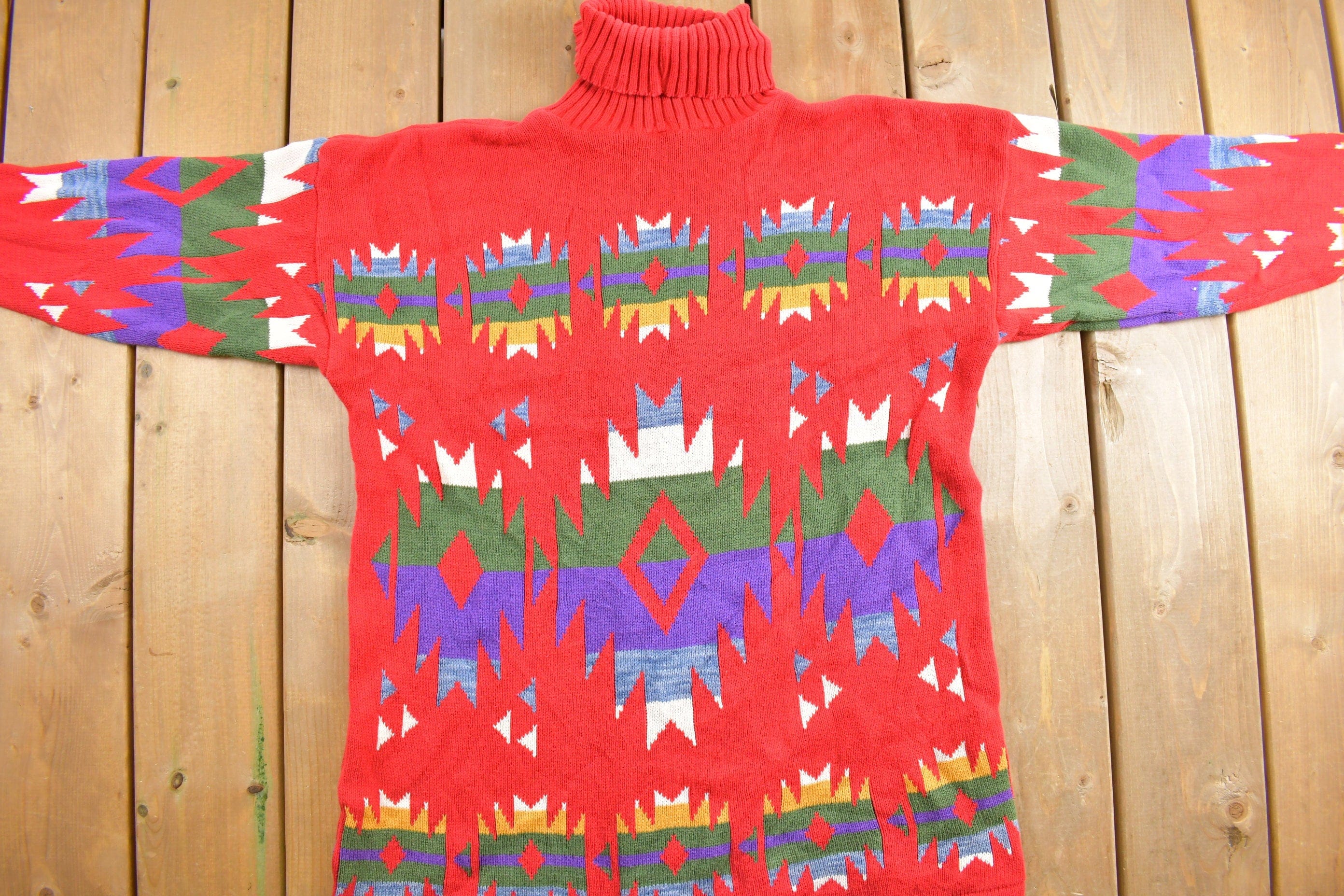 Vintage 1990s Aztec Pattern Knit Turtleneck Sweater Men's Large - Image 3
