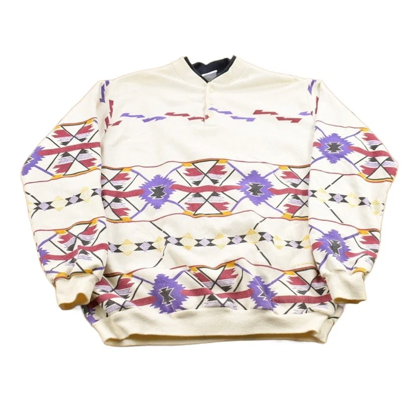 Vintage 1990s Aztec Pattern Quarter Button Up Sweatshirt Men's Large