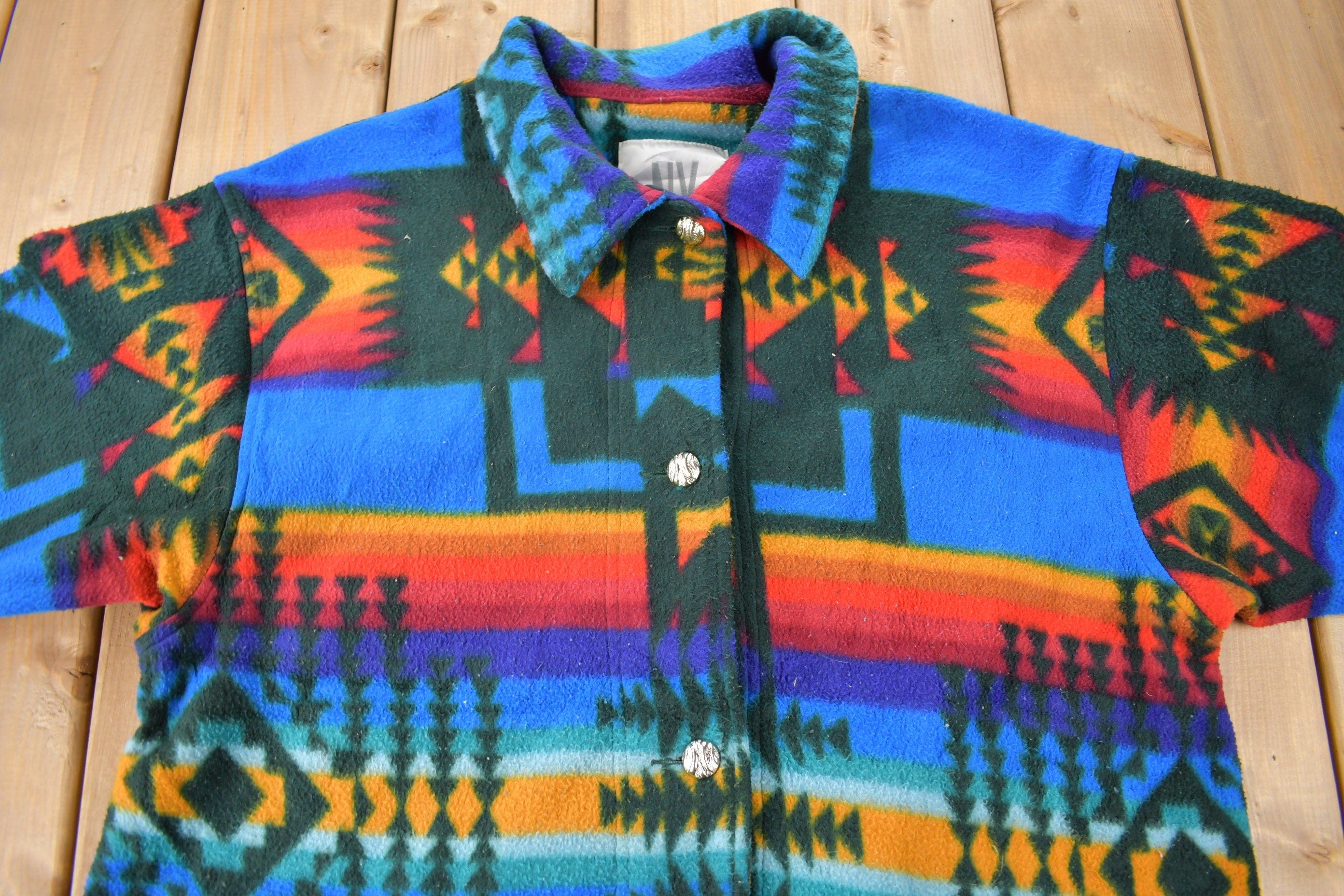 Vintage 1990s Aztec South Western Pattern Button Up Fleece Sweater Men's XL - Image 3