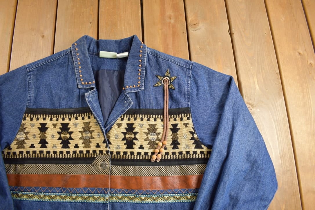 Vintage 1990s Aztec Western Denim Jean Jacket Men's 2XL - Image 3