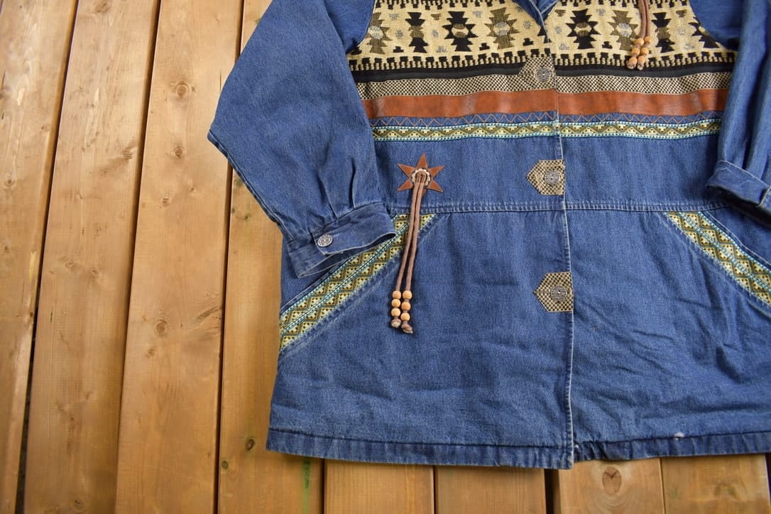 Vintage 1990s Aztec Western Denim Jean Jacket Men's 2XL - Image 4
