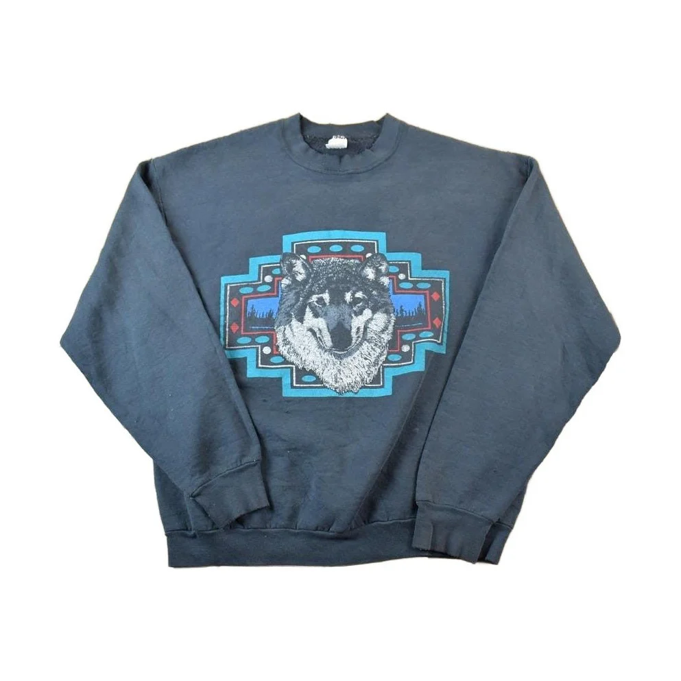 Vintage 1990s Aztec Wolf Outdoorsman Crewneck Sweatshirt Men's Large