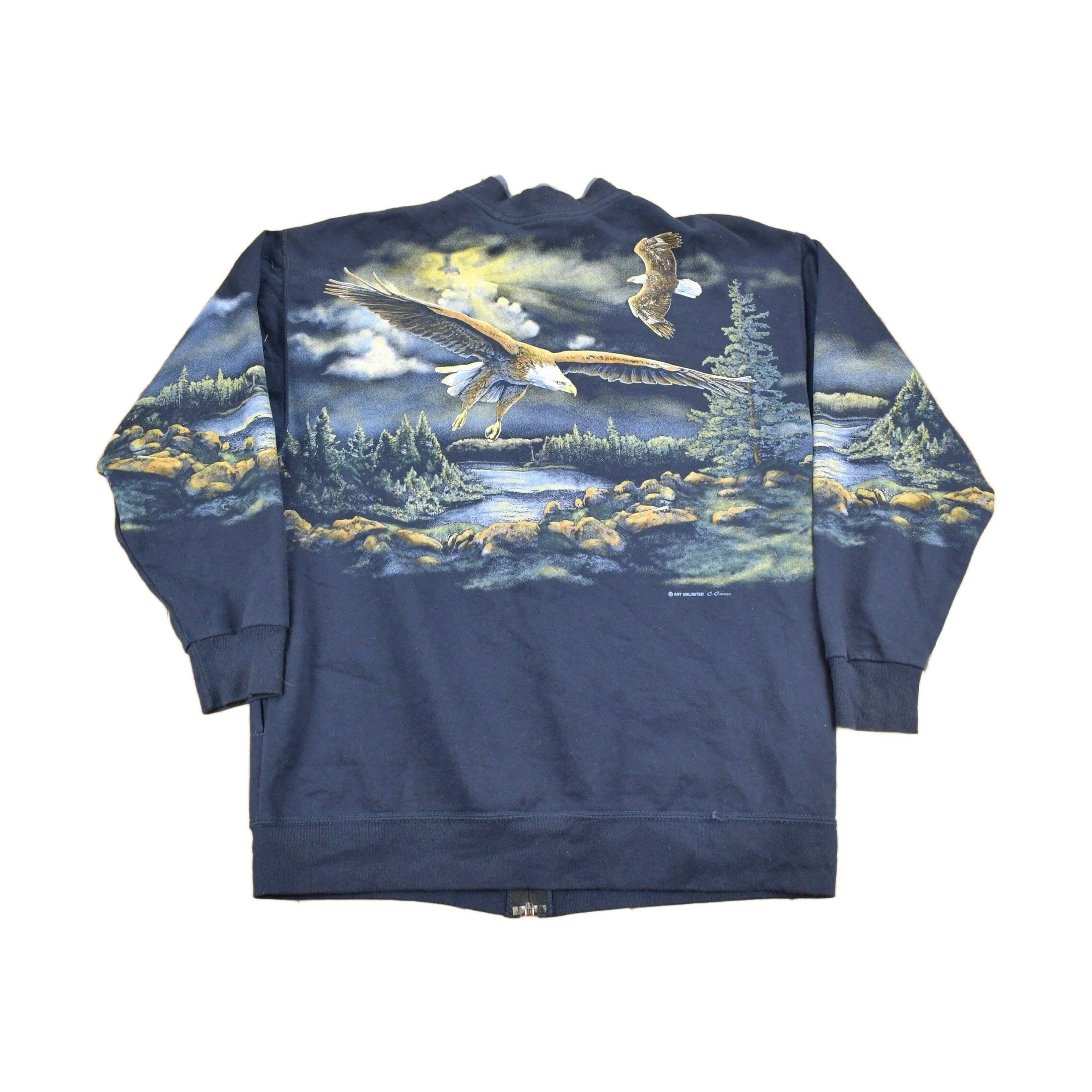 Vintage 1990s Bald Eagle Theme All Over Print Zip Up Sweater Men's Medium - Image 2
