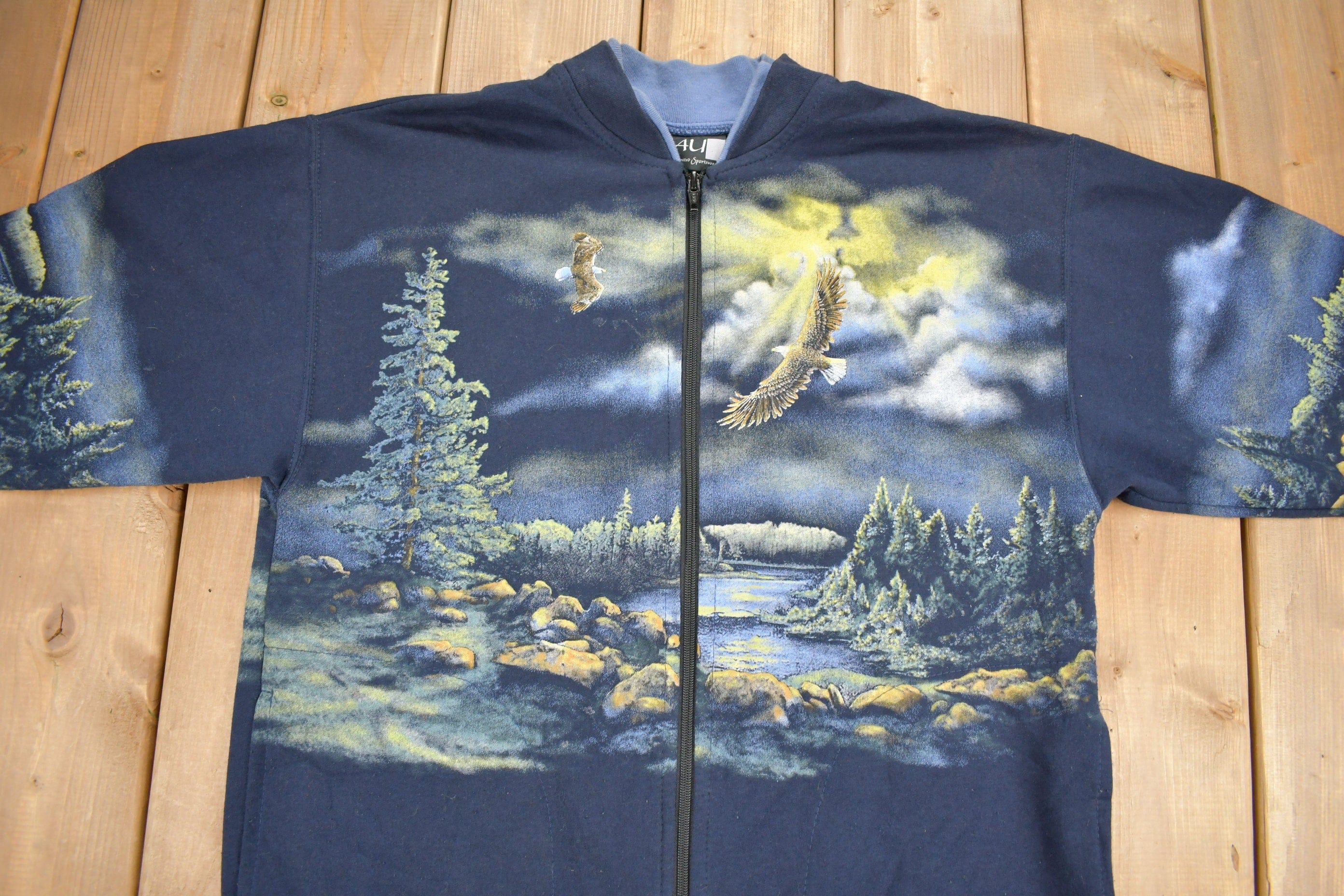 Vintage 1990s Bald Eagle Theme All Over Print Zip Up Sweater Men's Medium - Image 3