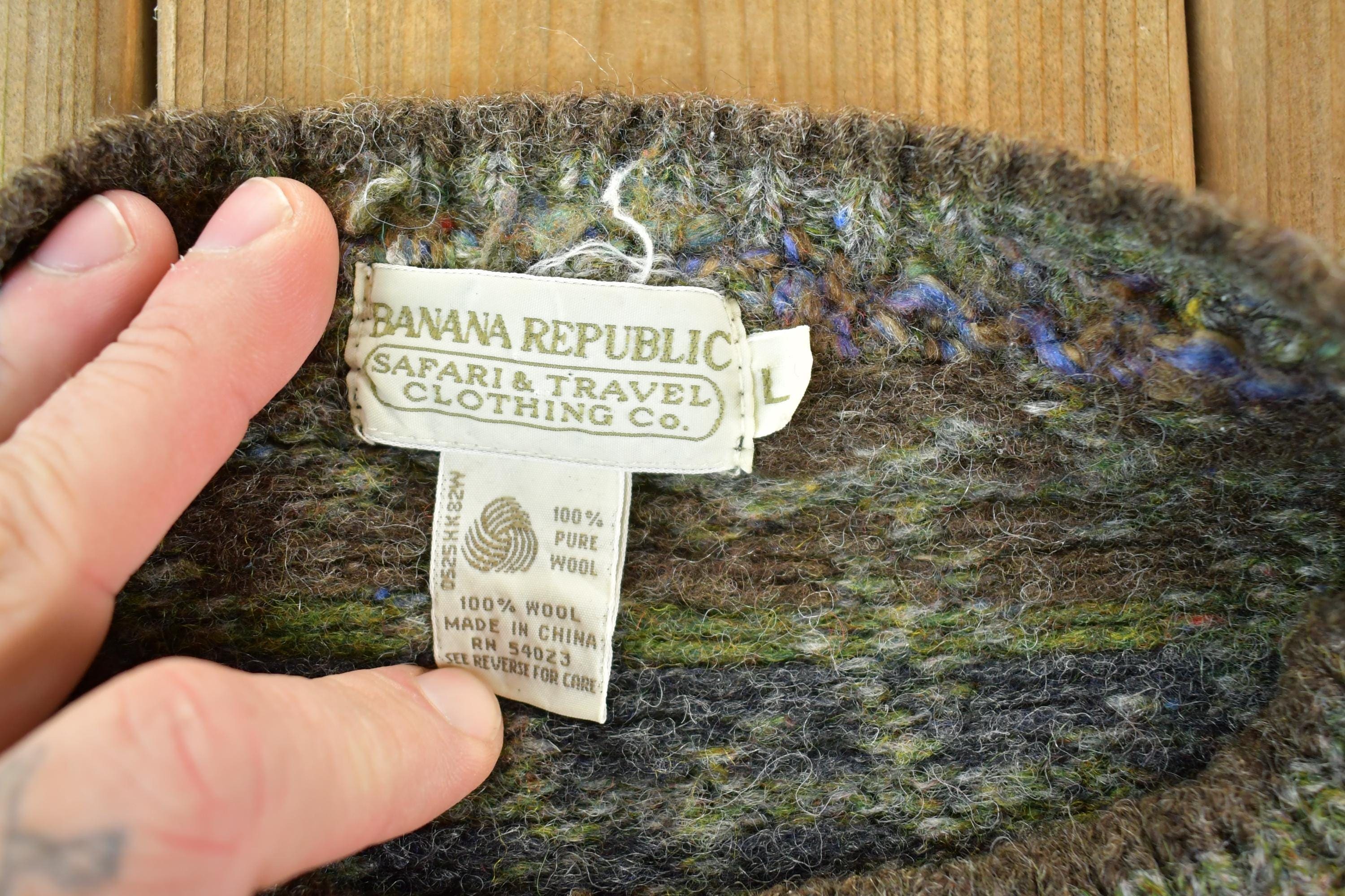 Vintage 1990s Banana Republic Safari And Travel Pure Wool Knit Abstract Pattern Crewneck Sweater Mens Medium - Image 4