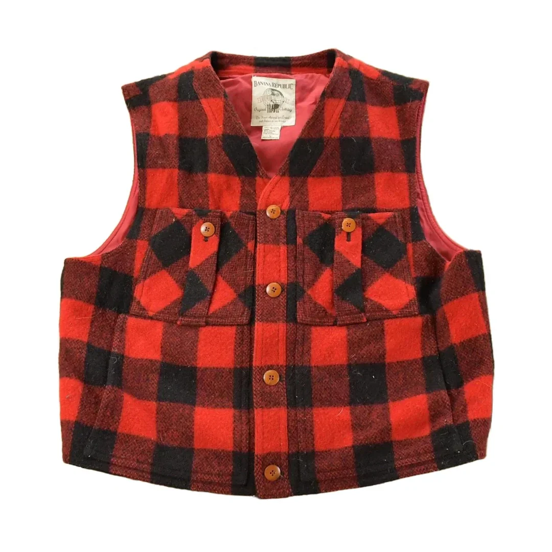 Vintage 1990s Banana Republic Wool Buffalo Plaid Snap On Vest Jacket Men's Medium