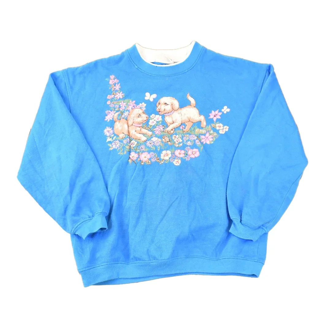 Vintage 1990s Basic Editions Cute Puppy Double Collar Graphic Print Crewneck Sweatshirt Women's L
