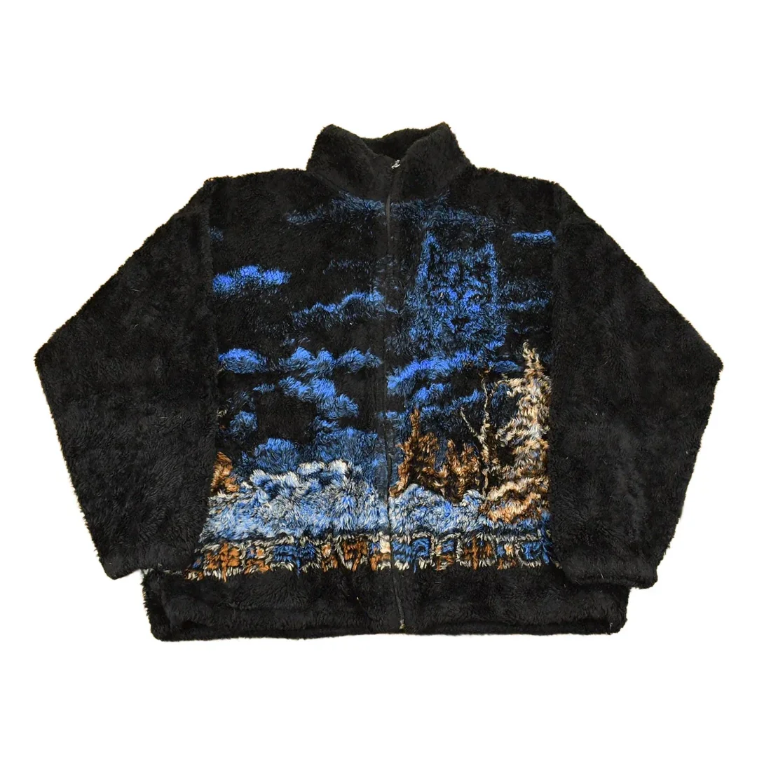 Vintage 1990s Bear Ridge Winter Wolf Theme Full Zip Fleece Sweater Jacket Men's XL