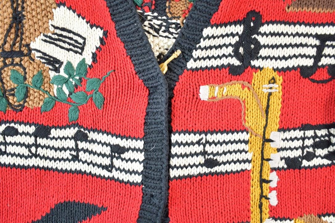 Vintage 1990s Bellepointe Music Instrument All Over Print Knit Abstract Pattern Cardigan Sweater Women's L - Image 3