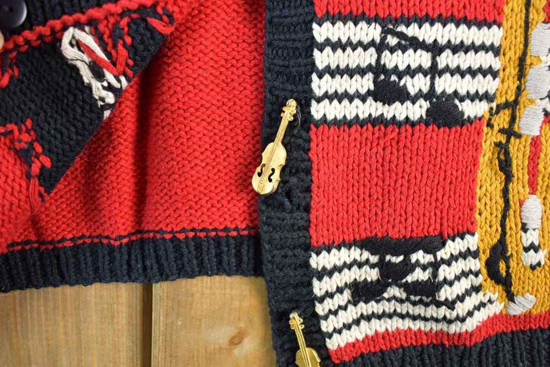 Vintage 1990s Bellepointe Music Instrument All Over Print Knit Abstract Pattern Cardigan Sweater Women's L - Image 4
