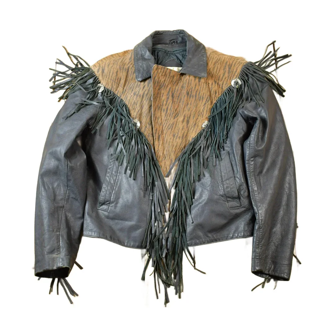 Vintage 1990s Bermans Leather Frills Tassel Animal Print Wild Print Motorcycle Jacket Made In USA
