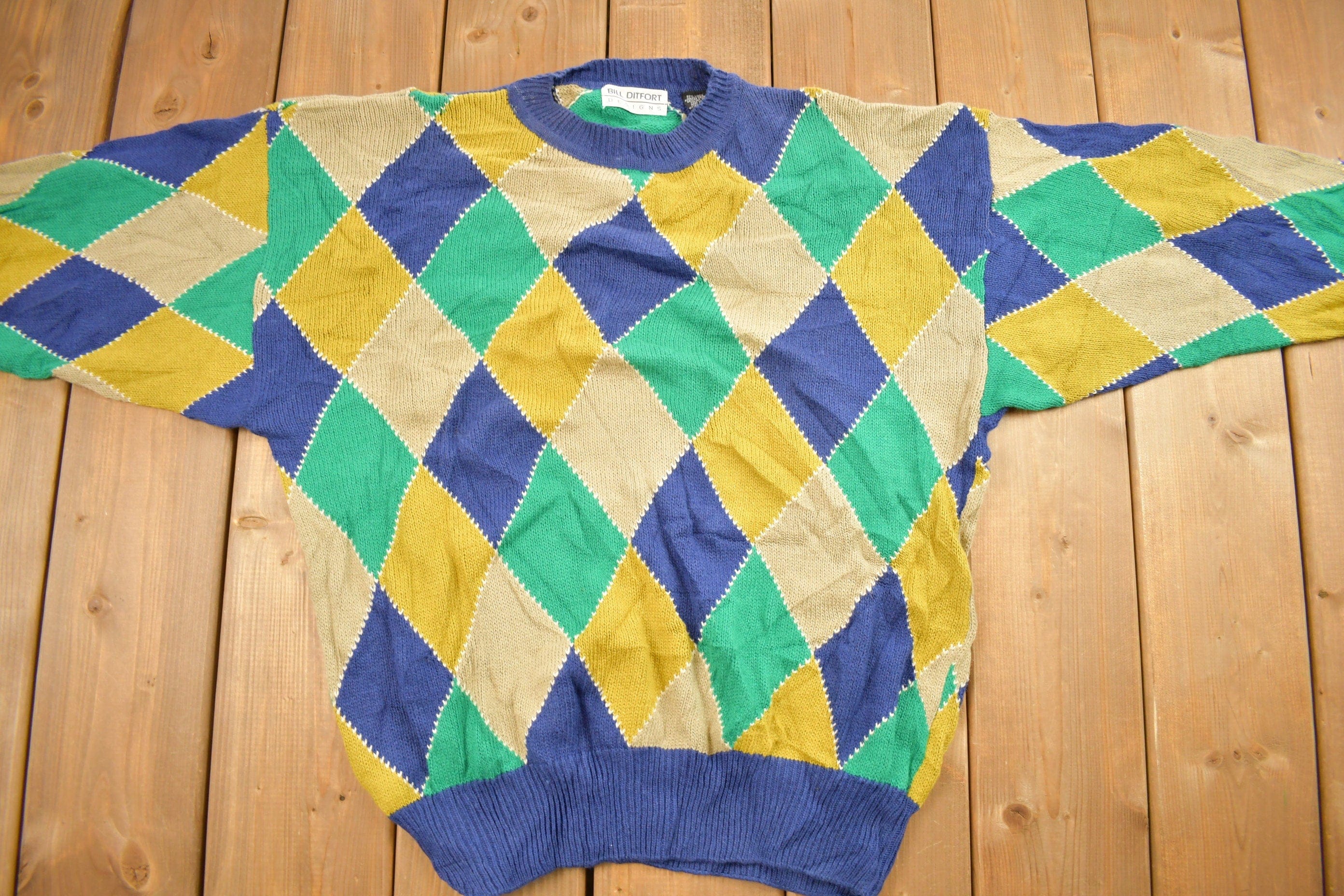 Vintage 1990s Bill Ditfort Argyle Knitted Crewneck Sweater Men's Small - Image 3