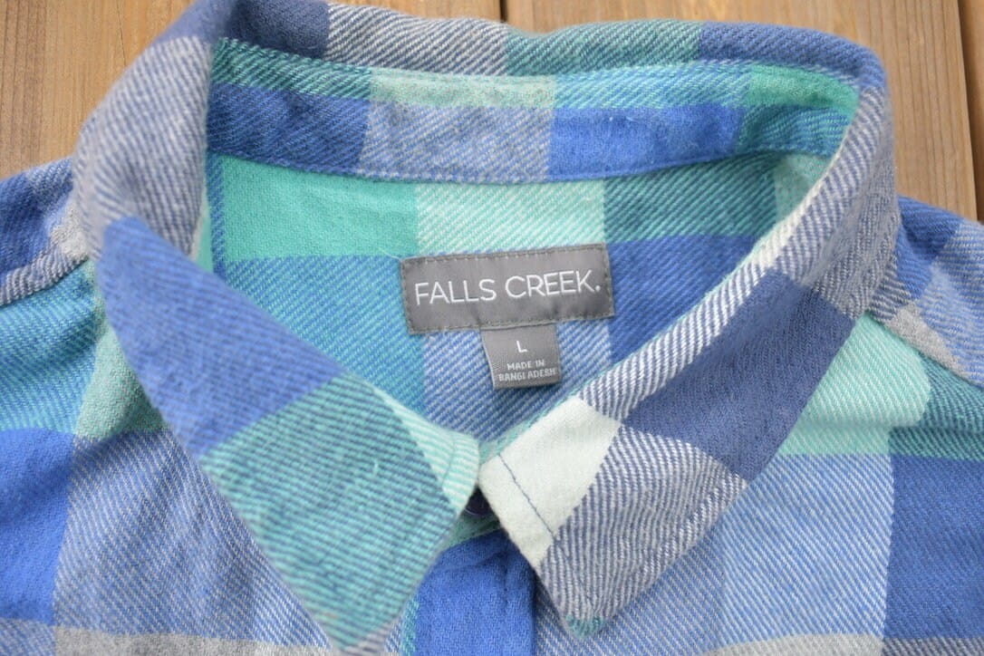 Vintage 1990s Blue Flannel Plaid Button Up Western Shirt Men's Large - Image 7