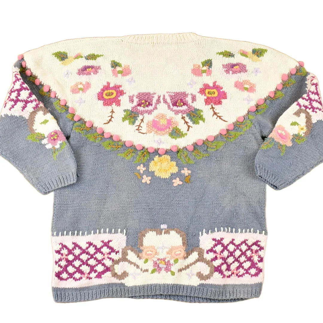 Vintage 1990s Bronte Hand Knit Floral Crewneck Sweater Womens S - Image 2