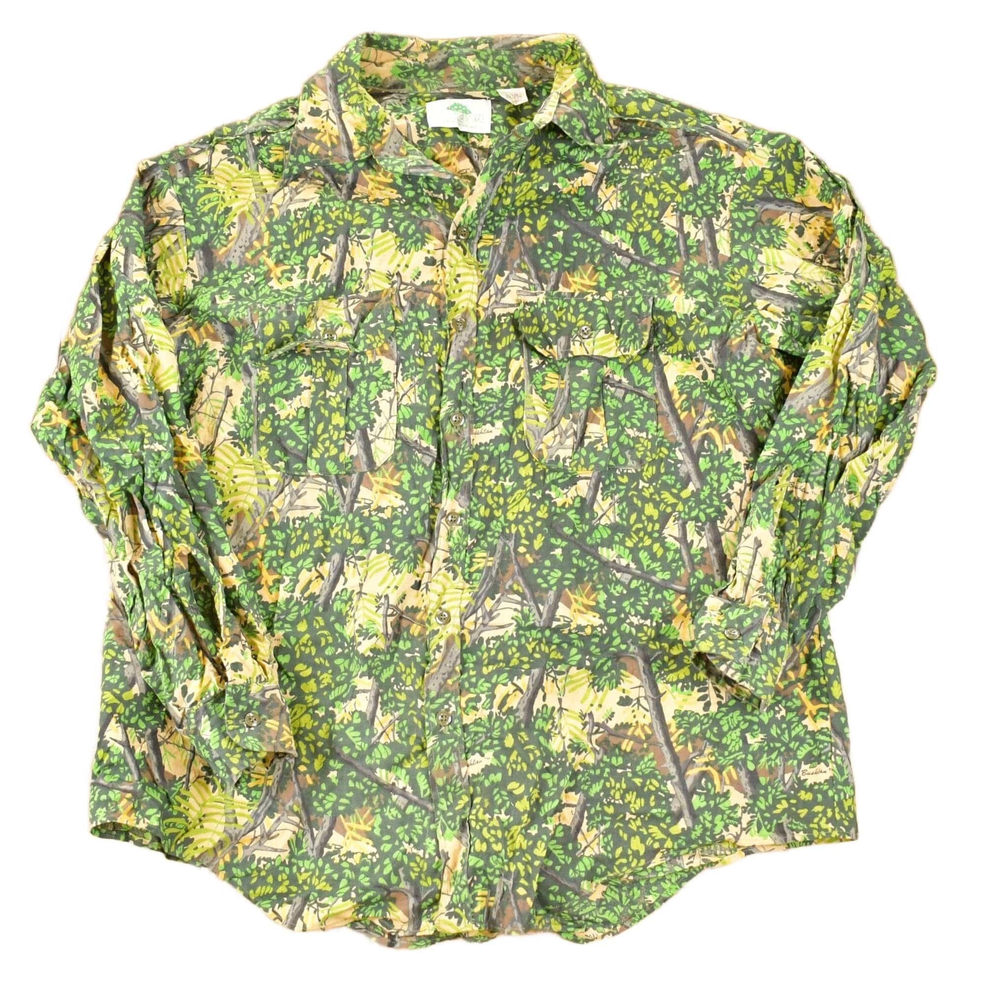 Vintage 1990s Bushlan AOP Woodland Camo Button Up Shirt Mens L