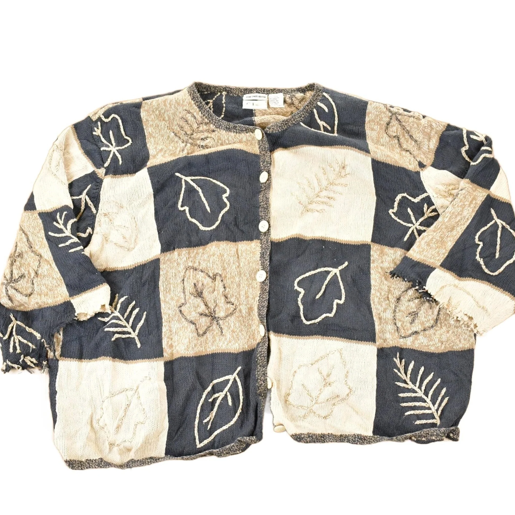 Vintage 1990s C.J Banks Hand Embroidered Leafy Abstract Knit Cardigan Sweater Women's 3X Boxy