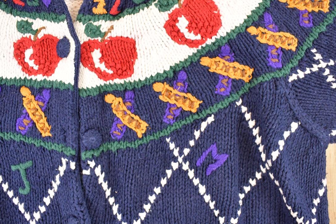 Vintage 1990s Cape Isle Knitters Apple Hand Knit Cardigan Sweater Women's L - Image 4