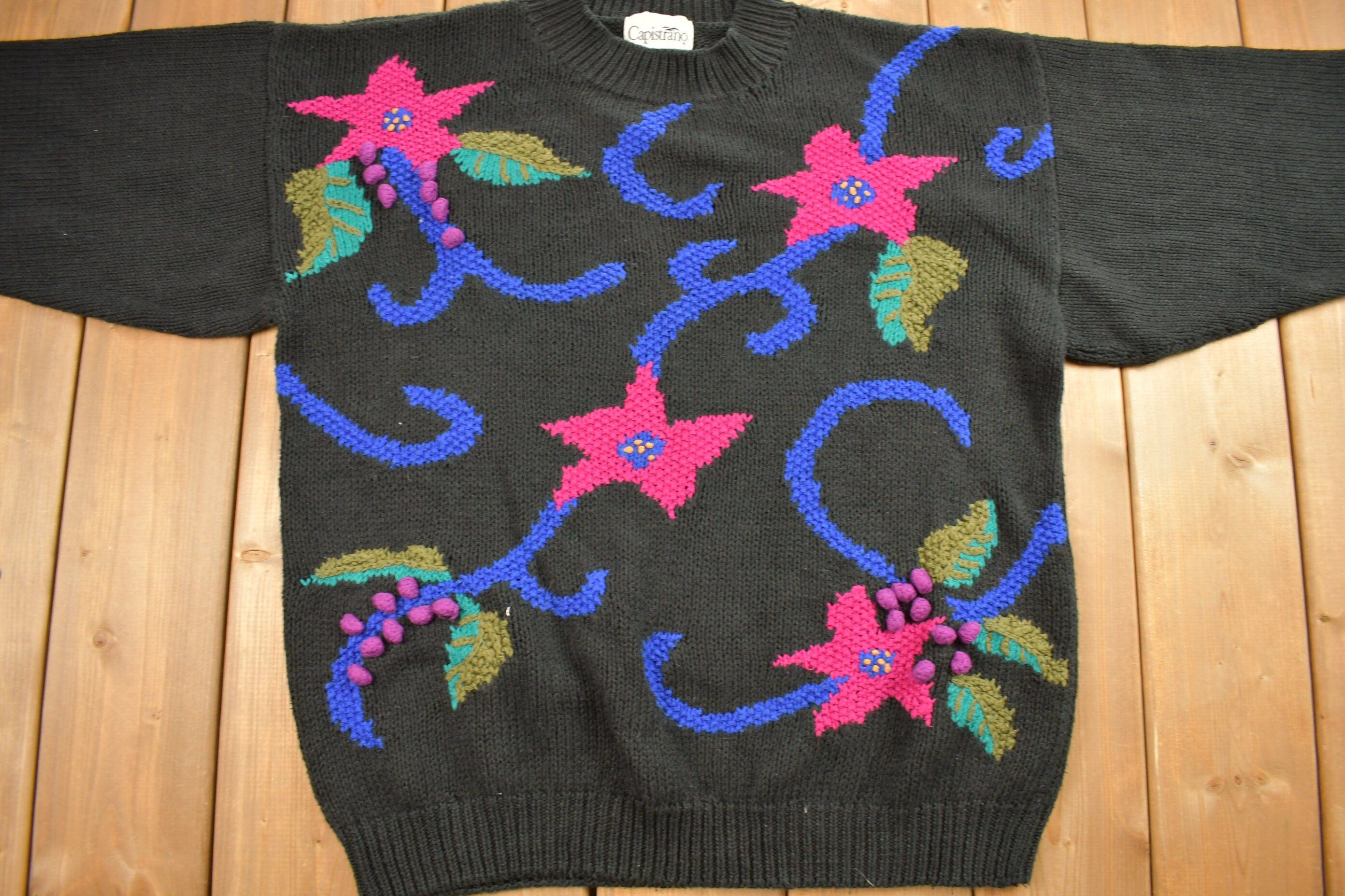 Vintage 1990s Capistrano Floral Embroidered Knitted Sweater Women's XL - Image 3